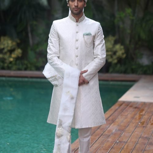 White hand embroidered sherwani