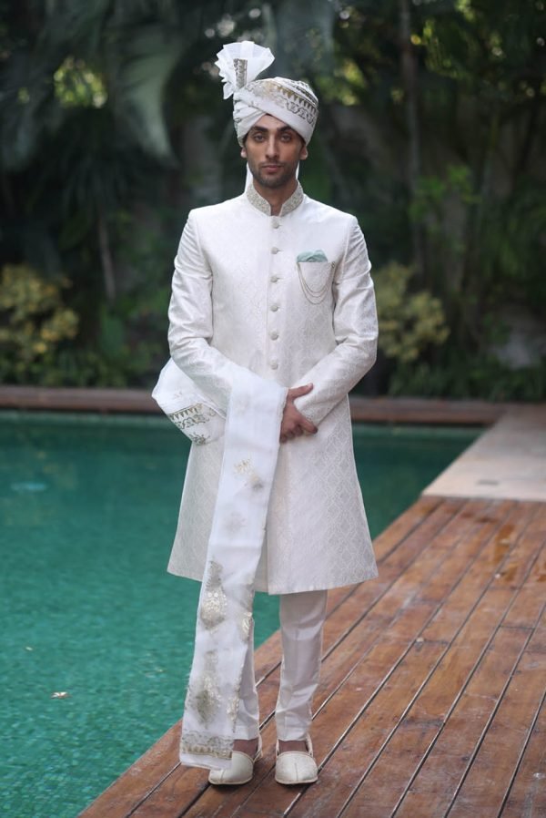 White hand embroidered sherwani