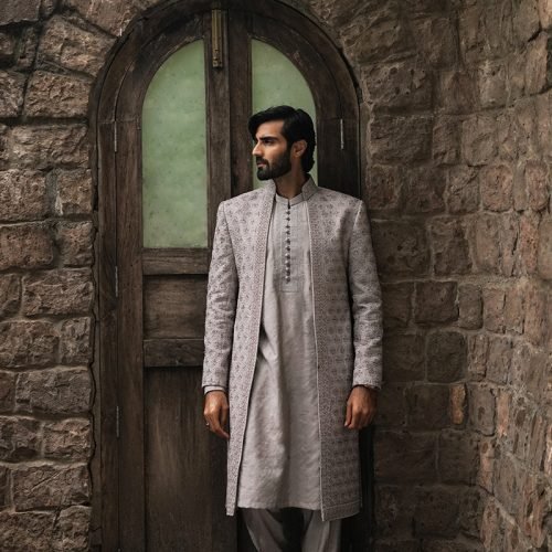 Regal Grey Embroidered Sherwani Set