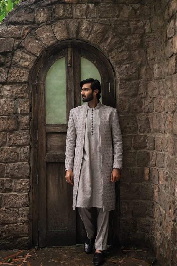 Regal Grey Embroidered Sherwani Set