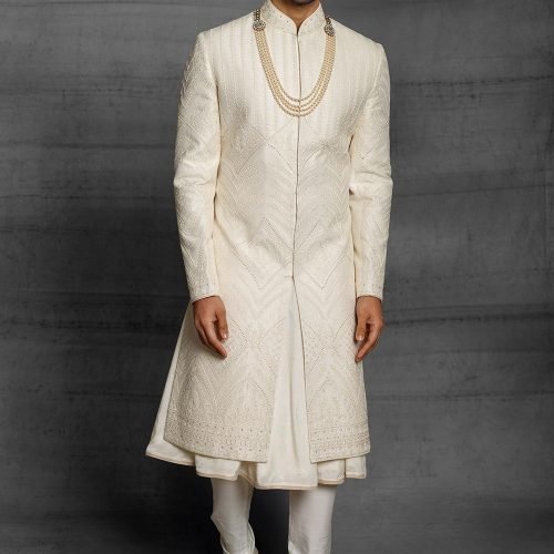 Ivory Embroidered Silk Sherwani with Pearl Mala