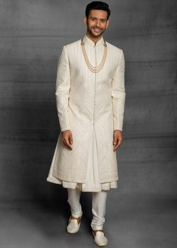 Ivory Embroidered Silk Sherwani with Pearl Mala