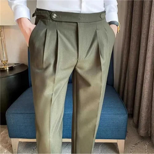 Men’s Olive Green Pleated Tapered Formal Pants