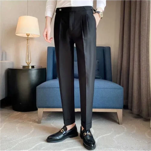 Men's Elegant Tapered Black Pleated Formal Pants